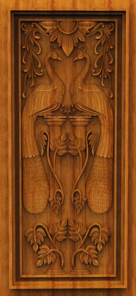 3D DOOR - OAK-22 Peacock Motif Elegance Carved Wood Panel Design